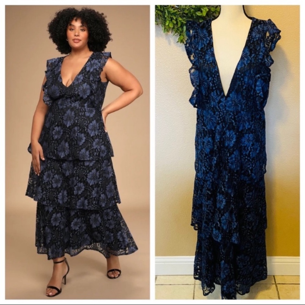 Lulu's Navy Floral Lace Maxi Dress